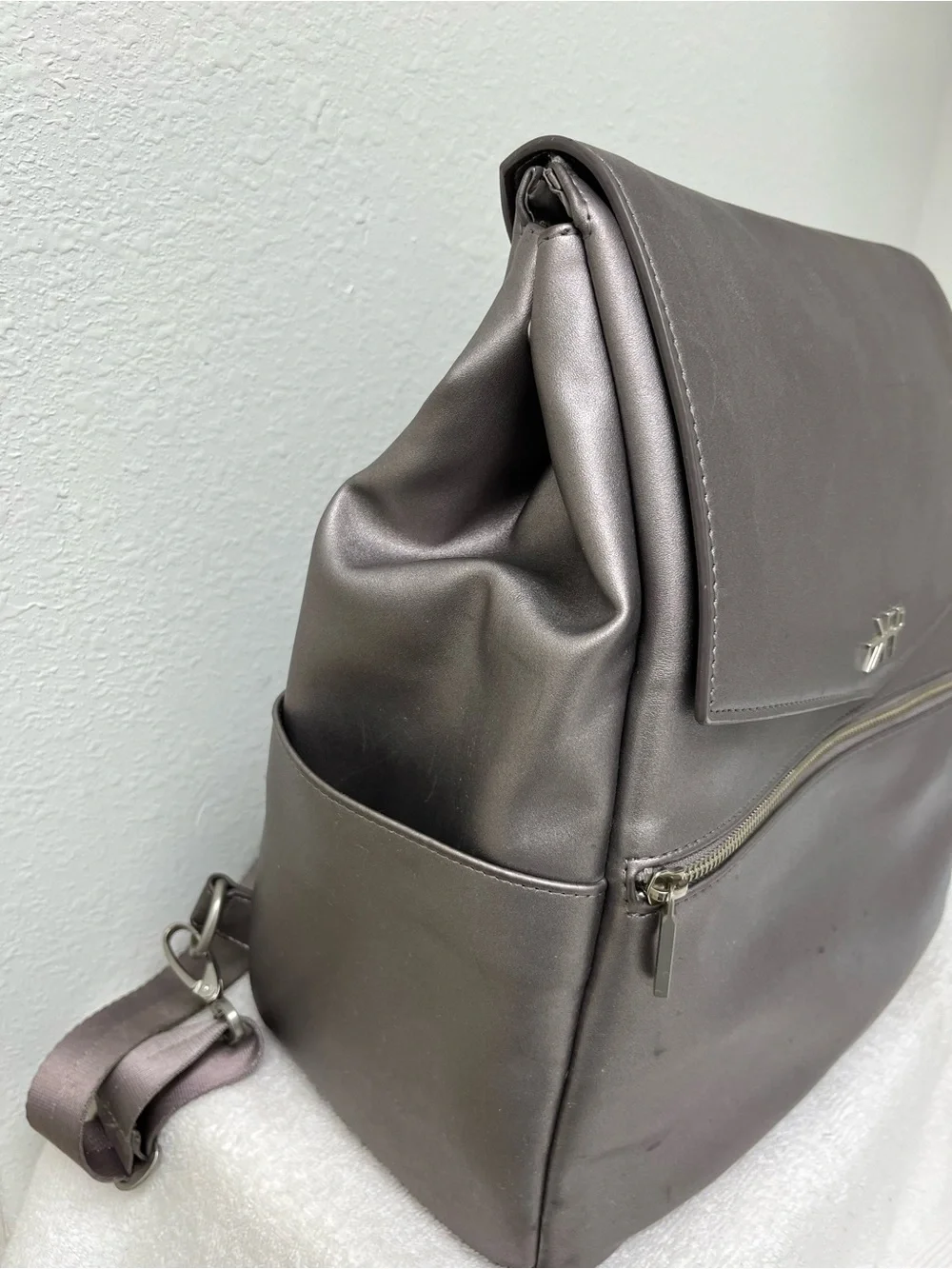 Freshly Picked Metallic Silver Solid Backpack Diaper Bag w/ Changing Pad, Straps